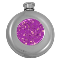 Gold Purple Floral Print Round Hip Flask (5 Oz) by SpinnyChairDesigns