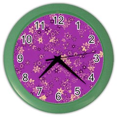 Gold Purple Floral Print Color Wall Clock by SpinnyChairDesigns