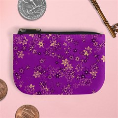 Gold Purple Floral Print Mini Coin Purse by SpinnyChairDesigns