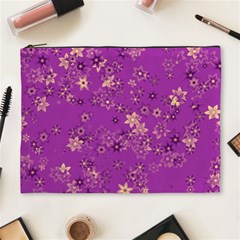 Gold Purple Floral Print Cosmetic Bag (xl) by SpinnyChairDesigns