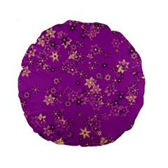 Gold Purple Floral Print Standard 15  Premium Round Cushions by SpinnyChairDesigns