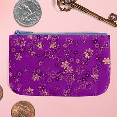 Gold Purple Floral Print Large Coin Purse by SpinnyChairDesigns