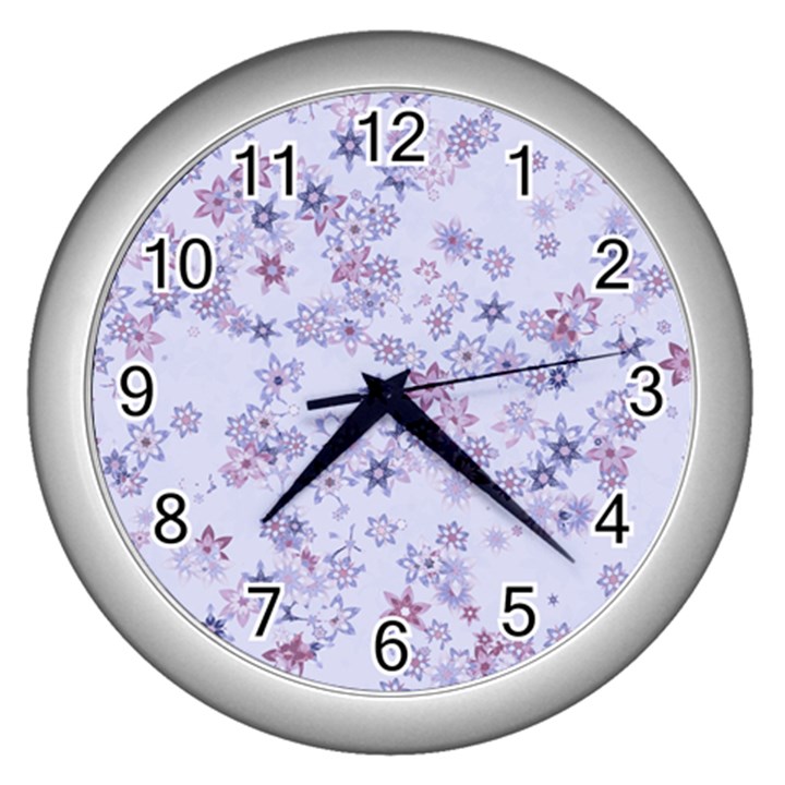 Pastel Purple Floral Pattern Wall Clock (Silver)