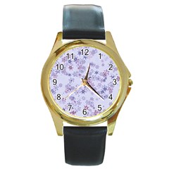 Pastel Purple Floral Pattern Round Gold Metal Watch by SpinnyChairDesigns