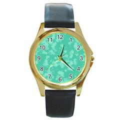 Biscay Green Floral Print Round Gold Metal Watch by SpinnyChairDesigns