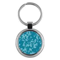 Teal Blue Floral Print Key Chain (round) by SpinnyChairDesigns