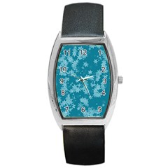 Teal Blue Floral Print Barrel Style Metal Watch by SpinnyChairDesigns