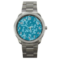 Teal Blue Floral Print Sport Metal Watch by SpinnyChairDesigns