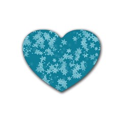 Teal Blue Floral Print Rubber Coaster (heart)  by SpinnyChairDesigns