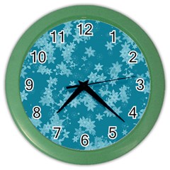 Teal Blue Floral Print Color Wall Clock by SpinnyChairDesigns