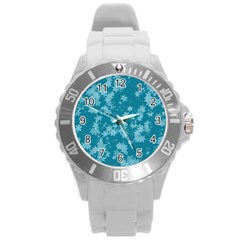 Teal Blue Floral Print Round Plastic Sport Watch (l) by SpinnyChairDesigns