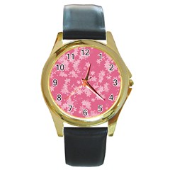 Blush Pink Floral Print Round Gold Metal Watch by SpinnyChairDesigns