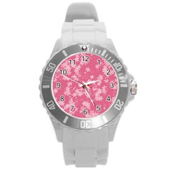 Blush Pink Floral Print Round Plastic Sport Watch (l) by SpinnyChairDesigns