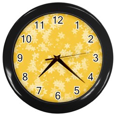 Saffron Yellow Floral Print Wall Clock (black) by SpinnyChairDesigns