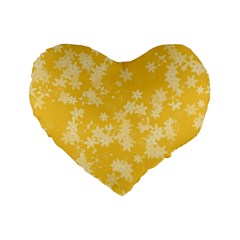 Saffron Yellow Floral Print Standard 16  Premium Flano Heart Shape Cushions by SpinnyChairDesigns