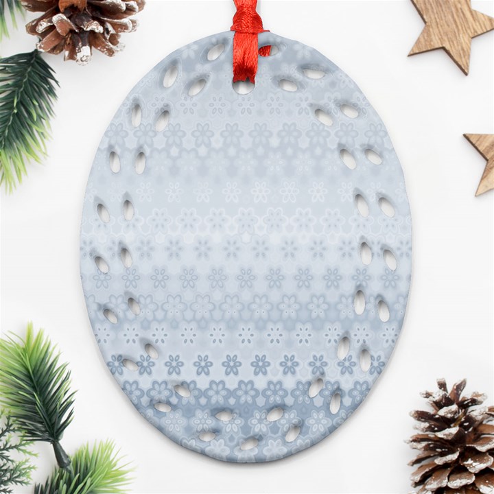 Faded Blue Floral Print Ornament (Oval Filigree)