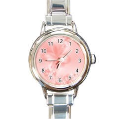 Pastel Coral Floral Print Round Italian Charm Watch by SpinnyChairDesigns