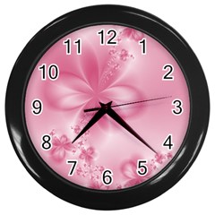 Blush Pink Floral Print Wall Clock (black) by SpinnyChairDesigns