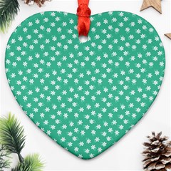 Biscay Green White Floral Print Ornament (heart) by SpinnyChairDesigns