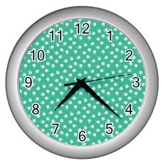 Biscay Green White Floral Print Wall Clock (silver) by SpinnyChairDesigns