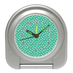 Biscay Green White Floral Print Travel Alarm Clock by SpinnyChairDesigns