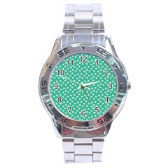 Biscay Green White Floral Print Stainless Steel Analogue Watch by SpinnyChairDesigns