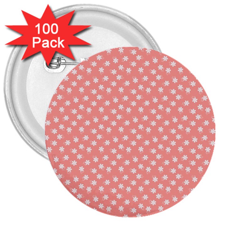 Coral Pink White Floral Print 3  Buttons (100 pack) 