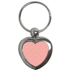 Coral Pink White Floral Print Key Chain (heart) by SpinnyChairDesigns