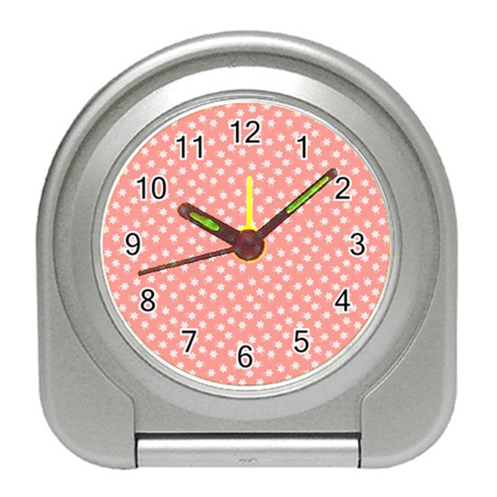 Coral Pink White Floral Print Travel Alarm Clock