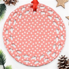 Coral Pink White Floral Print Round Filigree Ornament (two Sides) by SpinnyChairDesigns