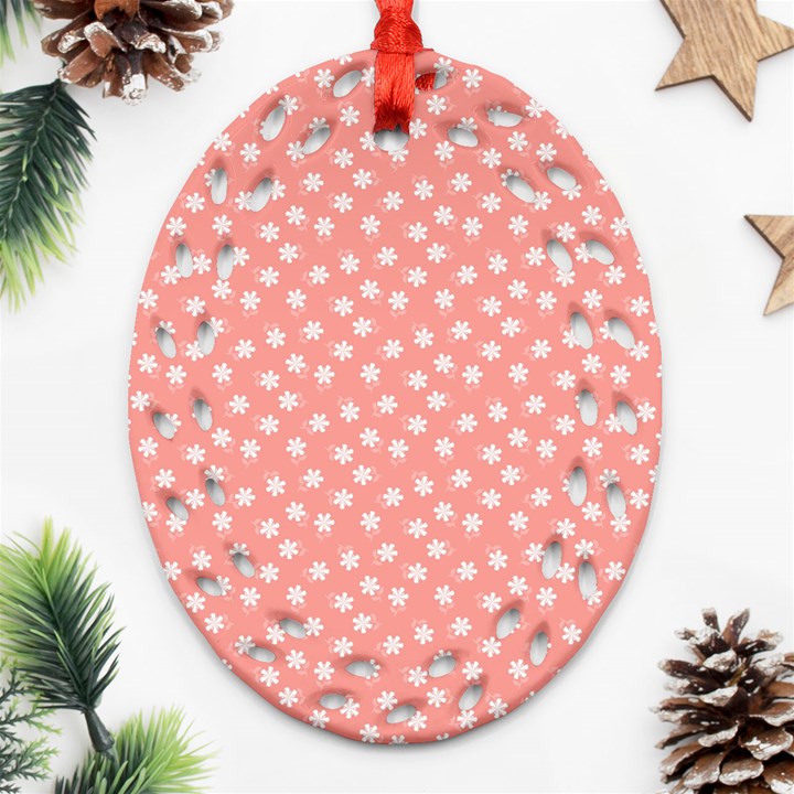 Coral Pink White Floral Print Ornament (Oval Filigree)