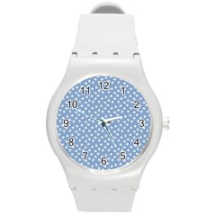 Faded Blue White Floral Print Round Plastic Sport Watch (m) by SpinnyChairDesigns