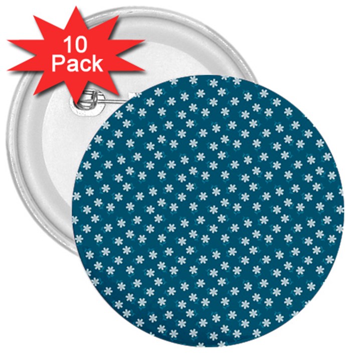 Teal White Floral Print 3  Buttons (10 pack) 