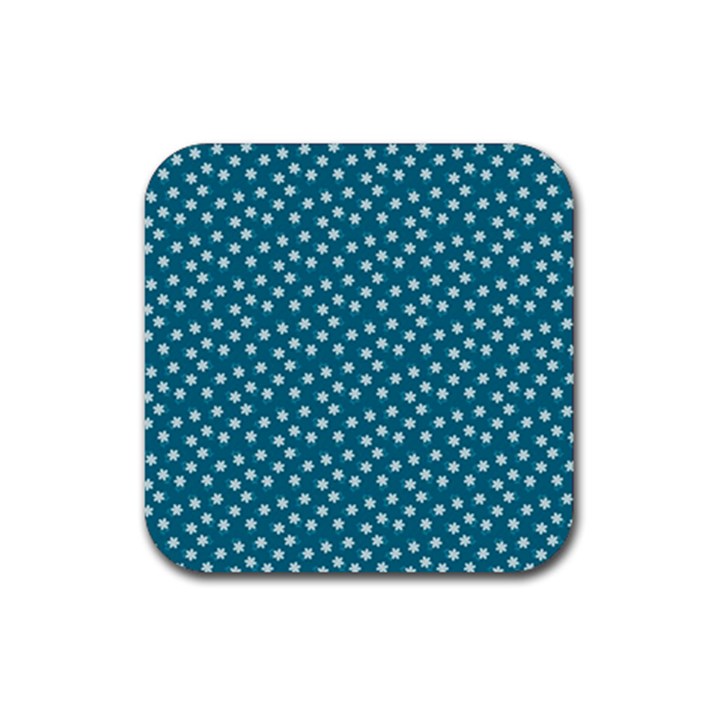 Teal White Floral Print Rubber Coaster (Square) 