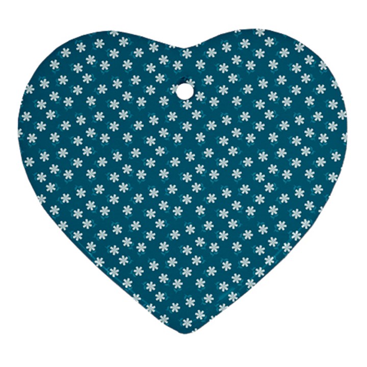 Teal White Floral Print Heart Ornament (Two Sides)