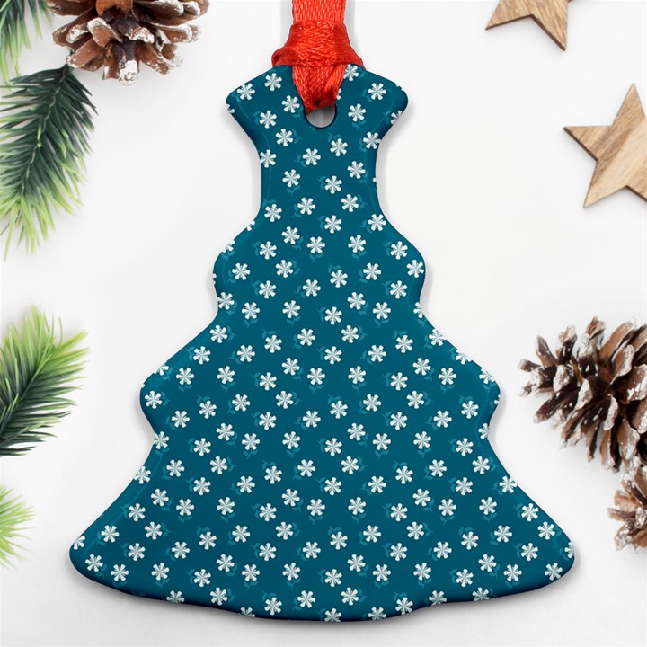 Teal White Floral Print Christmas Tree Ornament (Two Sides)