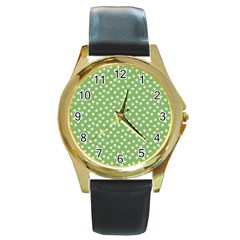 Spring Green White Floral Print Round Gold Metal Watch by SpinnyChairDesigns