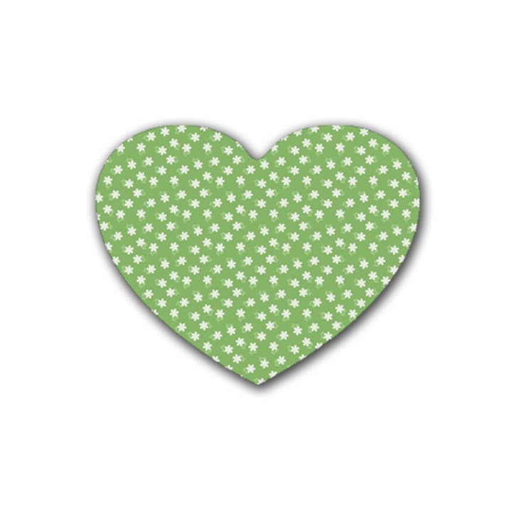 Spring Green White Floral Print Heart Coaster (4 pack) 