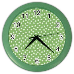 Spring Green White Floral Print Color Wall Clock by SpinnyChairDesigns