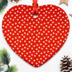 Red White Floral Print Ornament (heart) by SpinnyChairDesigns