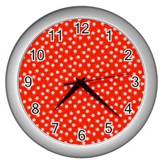 Red White Floral Print Wall Clock (silver) by SpinnyChairDesigns