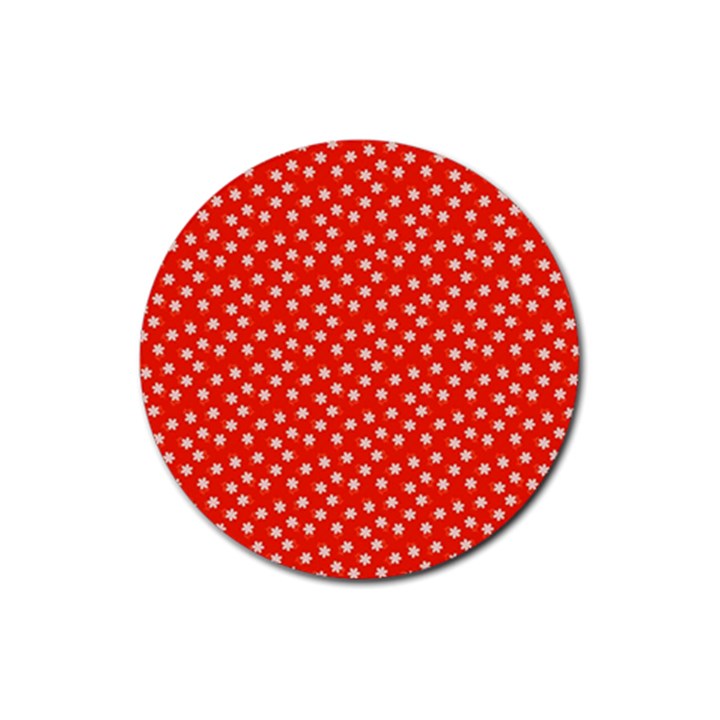 Red White Floral Print Rubber Coaster (Round) 