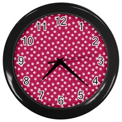 Magenta Rose White Floral Print Wall Clock (black) by SpinnyChairDesigns