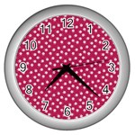 Magenta Rose White Floral Print Wall Clock (Silver) Front