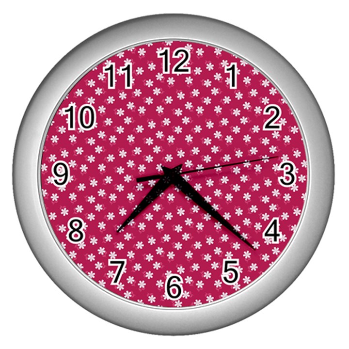 Magenta Rose White Floral Print Wall Clock (Silver)