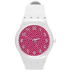 Magenta Rose White Floral Print Round Plastic Sport Watch (m) by SpinnyChairDesigns