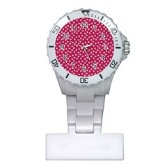 Magenta Rose White Floral Print Plastic Nurses Watch by SpinnyChairDesigns