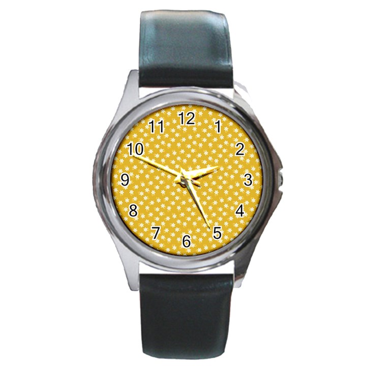 Saffron Yellow White Floral Pattern Round Metal Watch