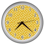 Saffron Yellow White Floral Pattern Wall Clock (Silver) Front