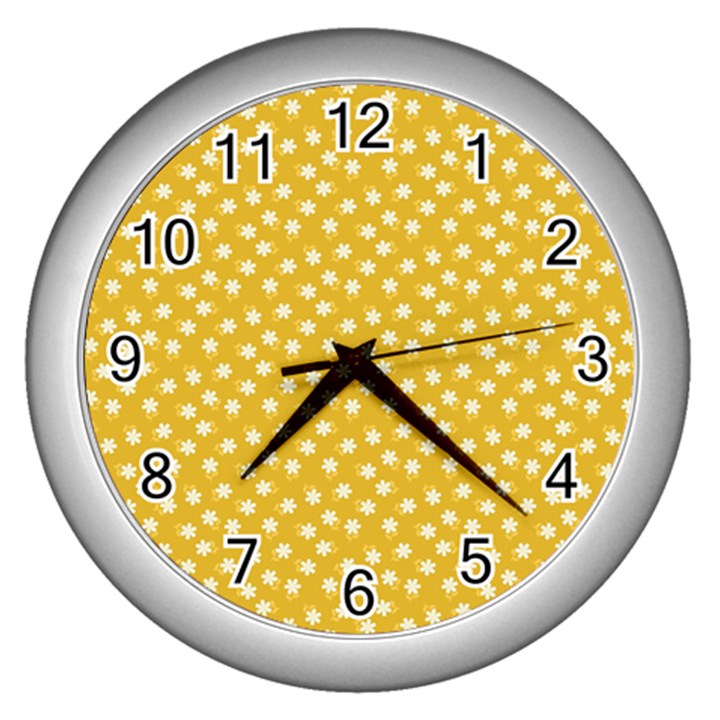 Saffron Yellow White Floral Pattern Wall Clock (Silver)